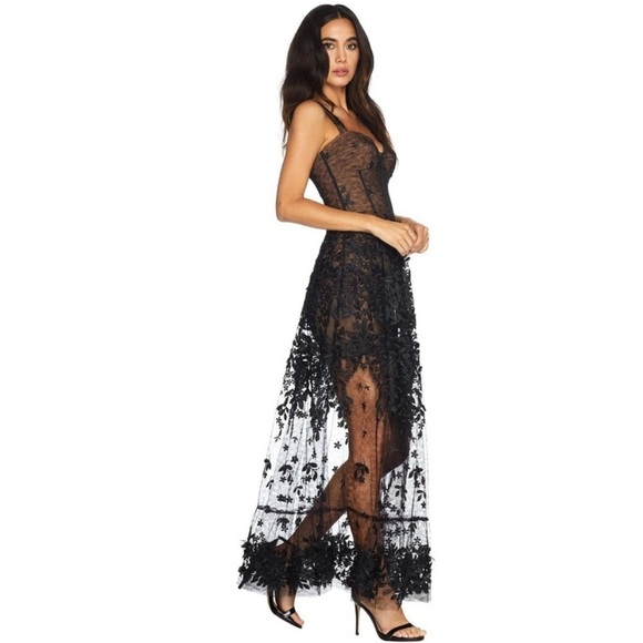 Dress the Population Anabel Embroidered Bustier Floral Sheer Lace Gown Black XXS - Picture 3 of 15